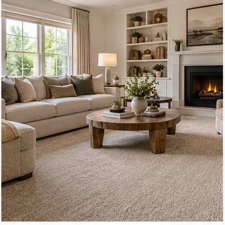 Illustrative carpeted living rooms