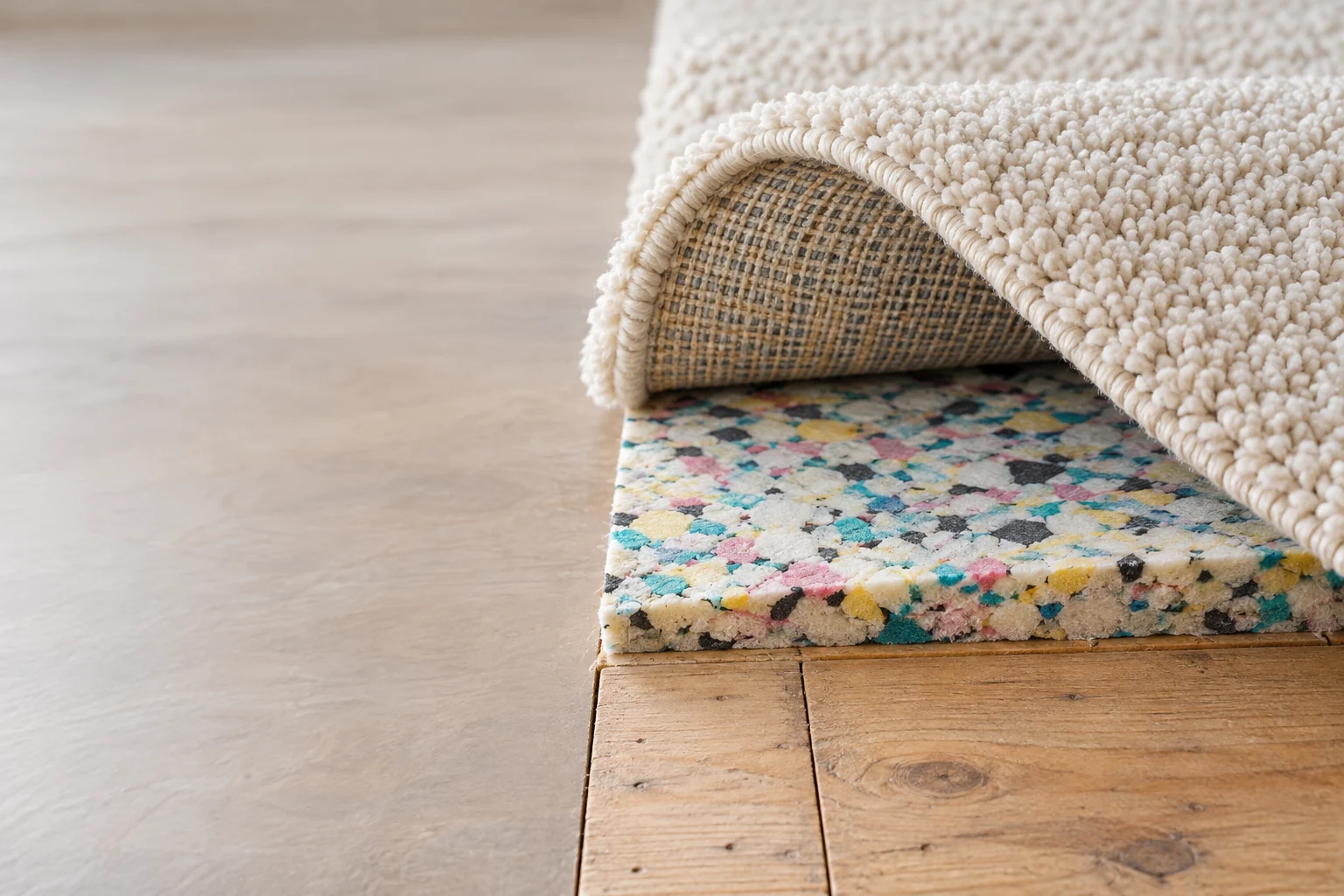 Illustrative carpet and cushioning underlay layers