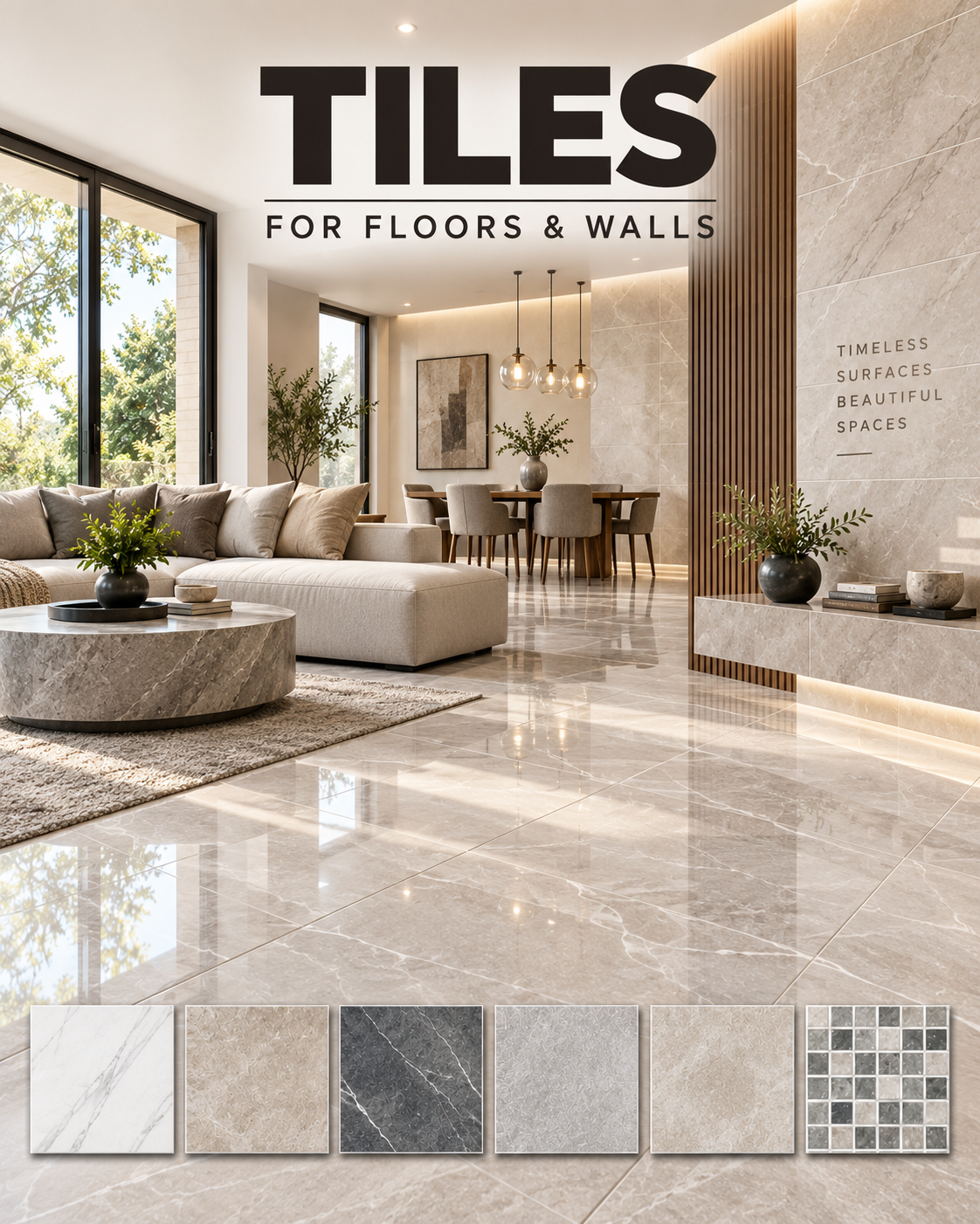 Tiles for floors and walls, with an elegant interior and tile samples