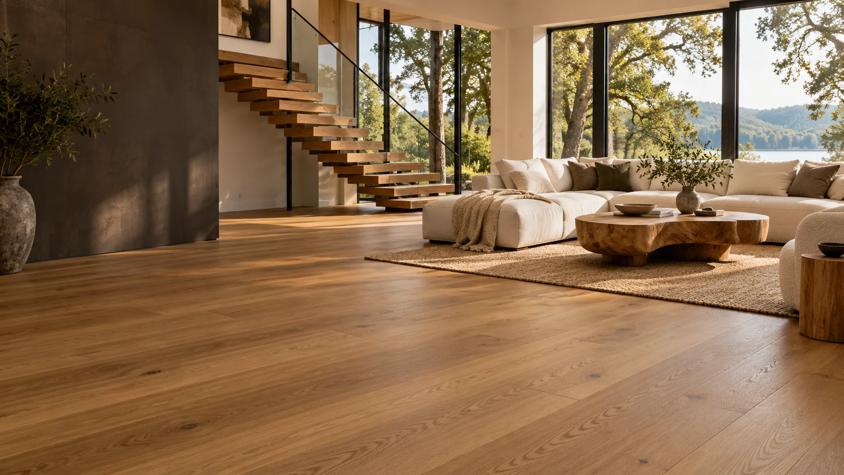 Illustrative living room with warm engineered hardwood floor