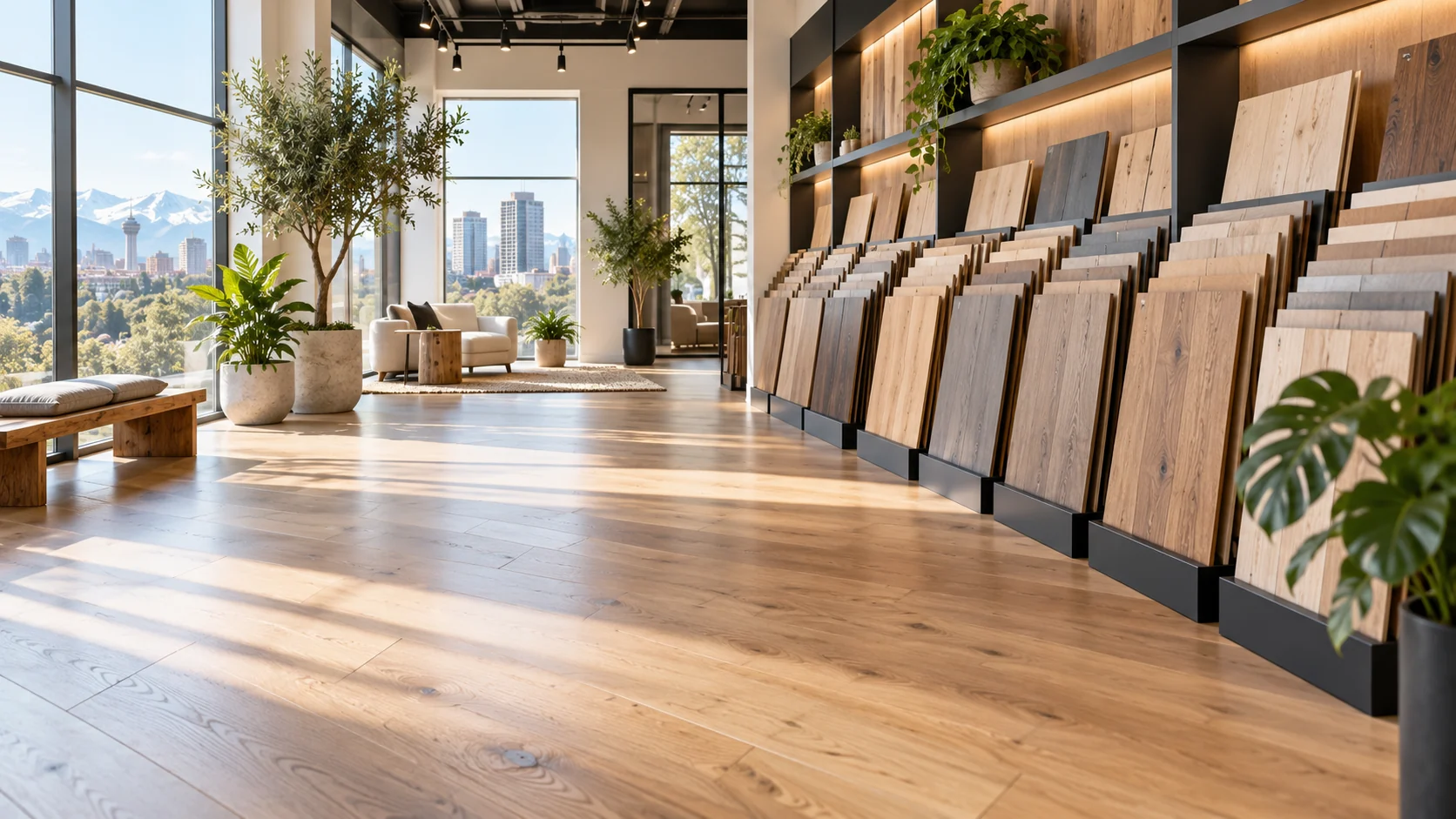 Illustrative flooring showroom with engineered hardwood sample displays