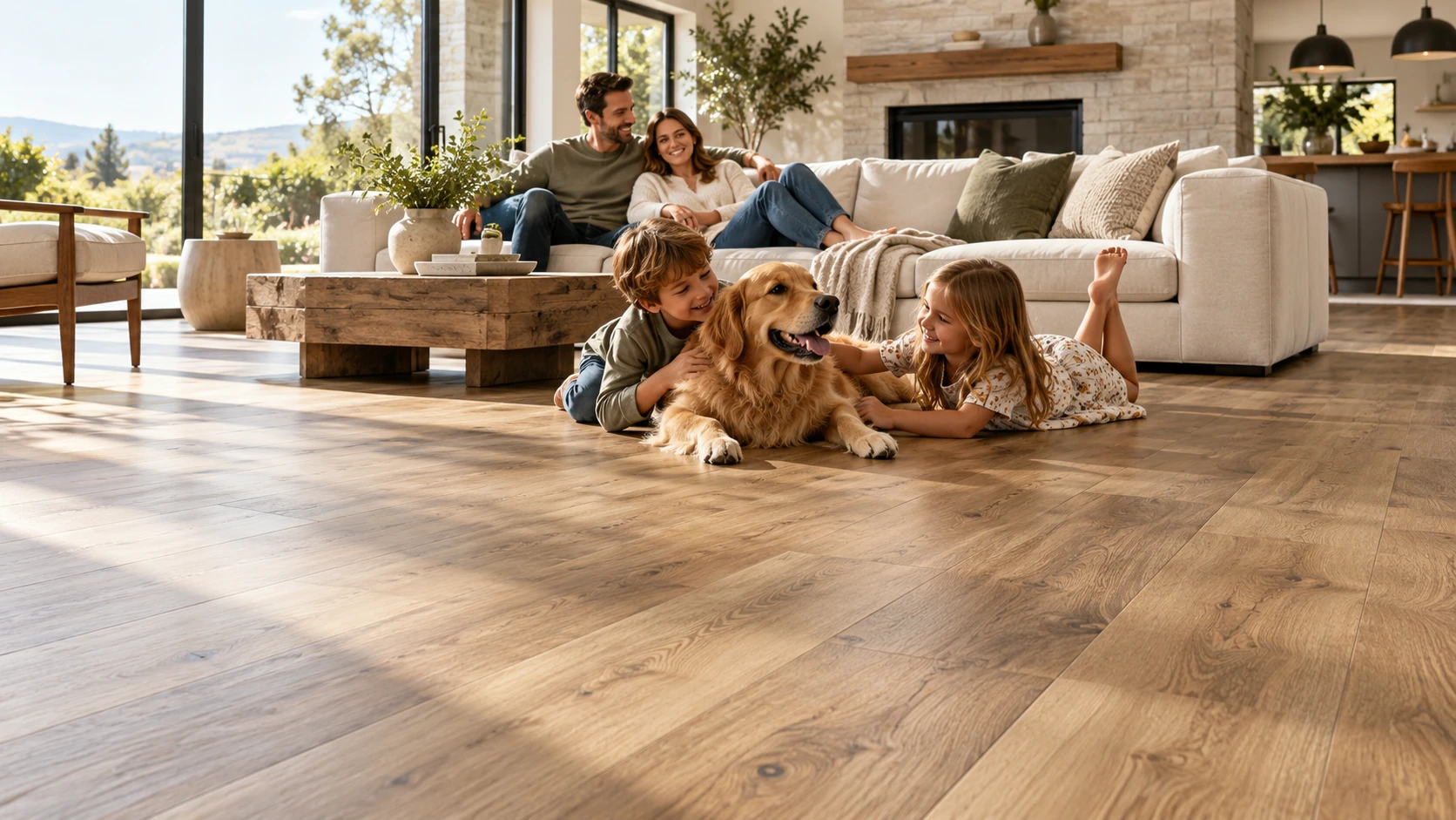 Family and dog relaxing on wood-look luxury vinyl plank flooring