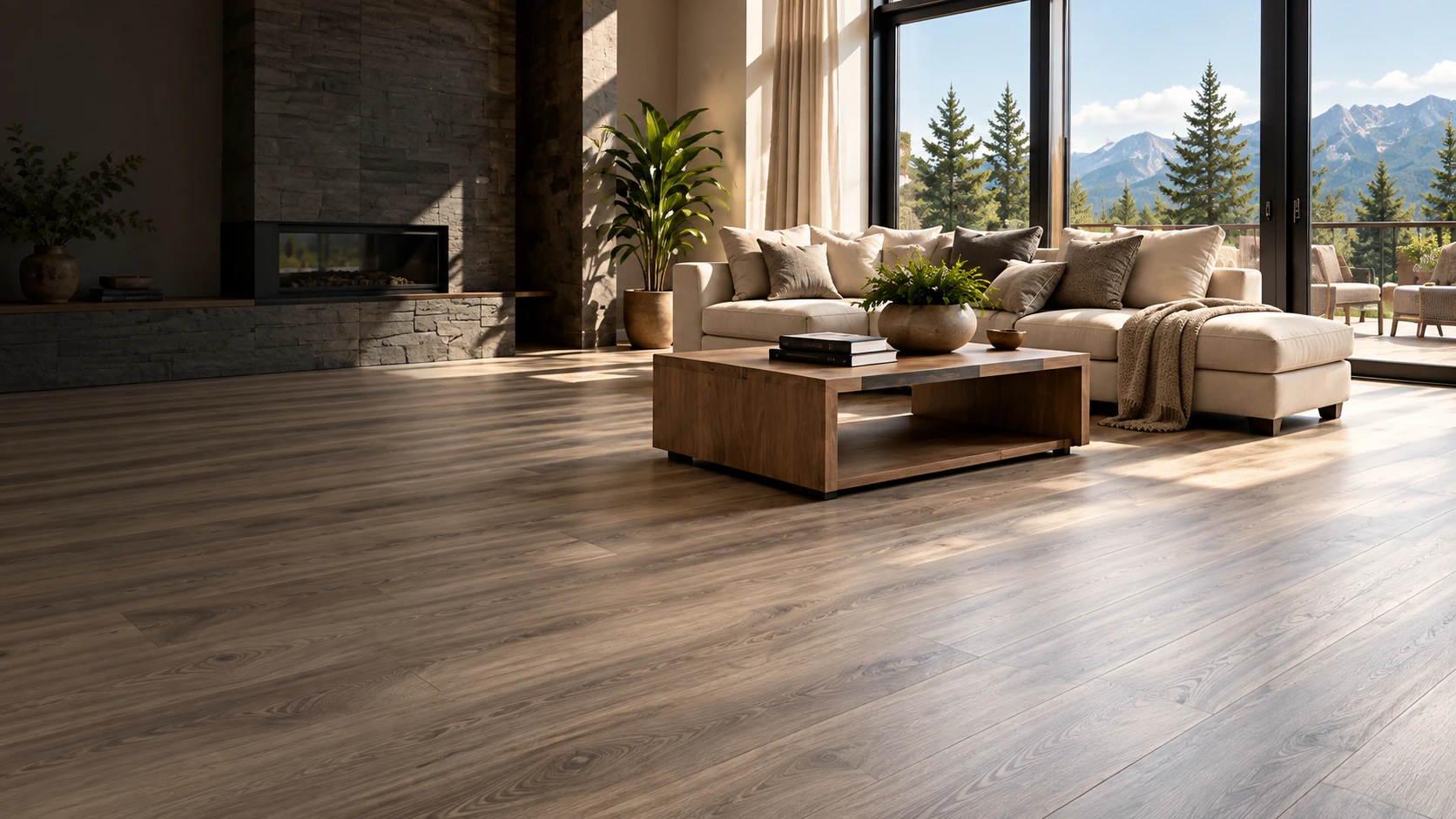 Contemporary living room with a warm wood-look luxury vinyl floor