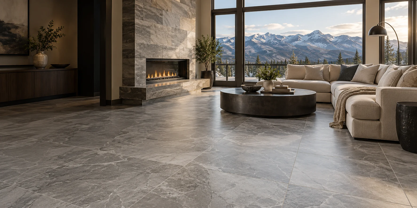 Illustrative living room with grey stone-look luxury vinyl tile flooring