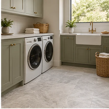 Illustrative laundry areas with stone-look flooring