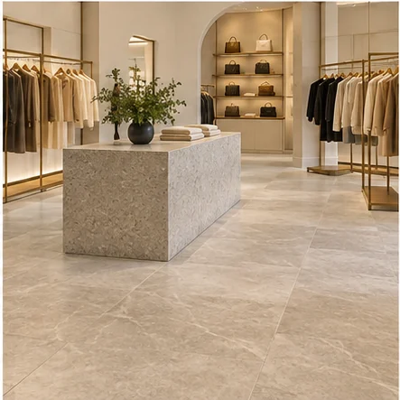 Illustrative retail spaces with stone-look flooring
