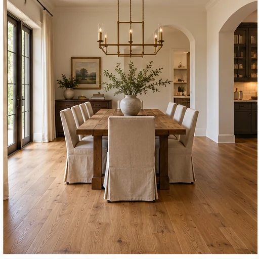 Illustrative dining rooms with solid hardwood flooring