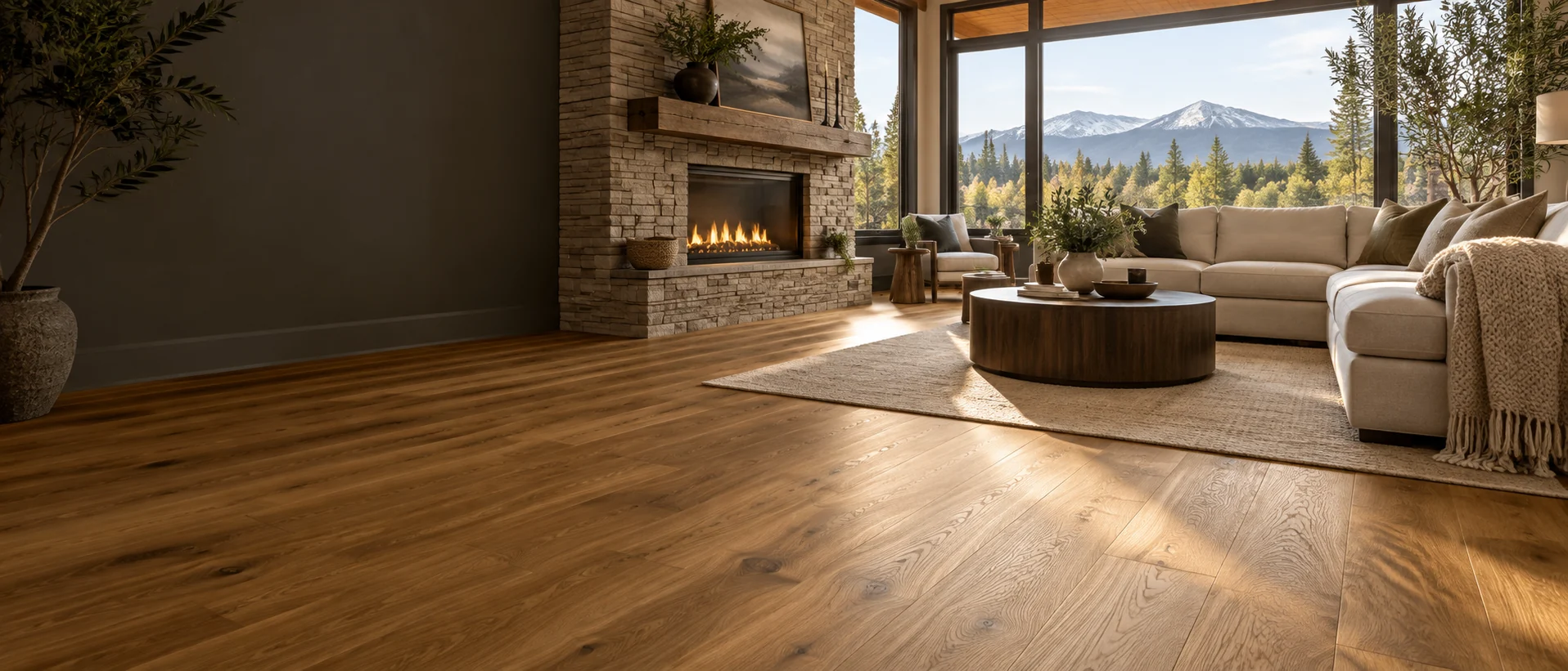 Illustrative living room with natural solid hardwood floor
