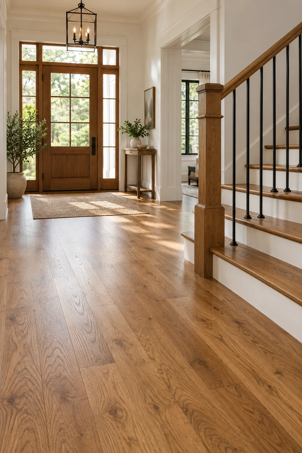 Illustrative entryway and staircase with genuine hardwood flooring