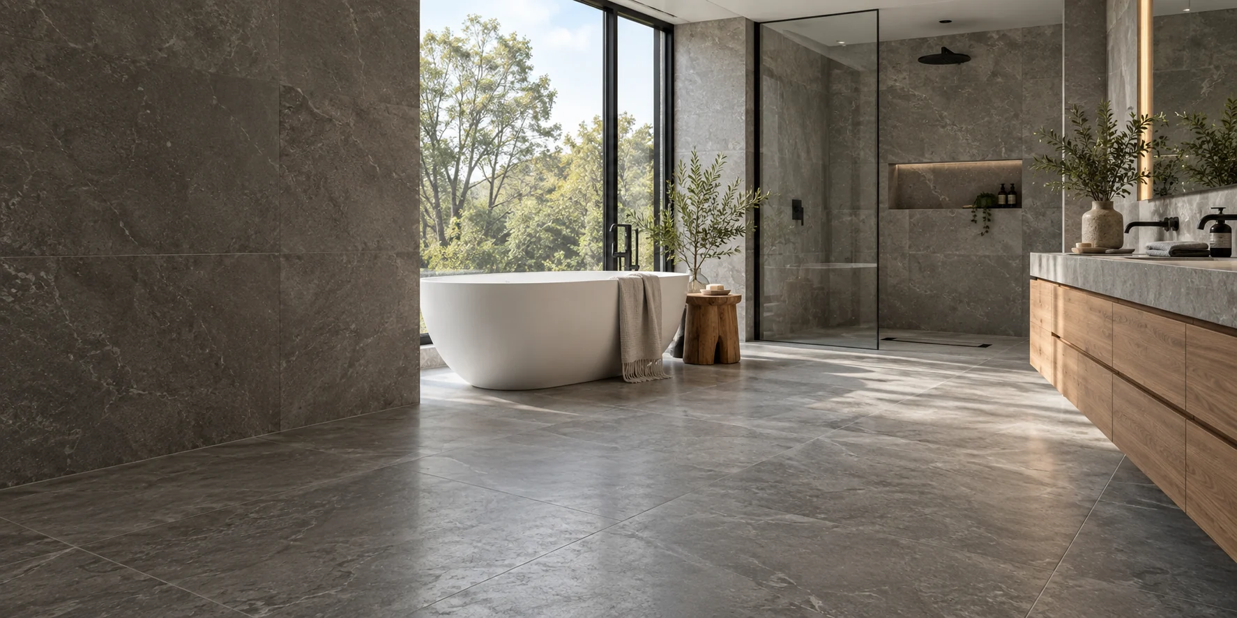 Illustrative bathroom with porcelain and stone-look tile