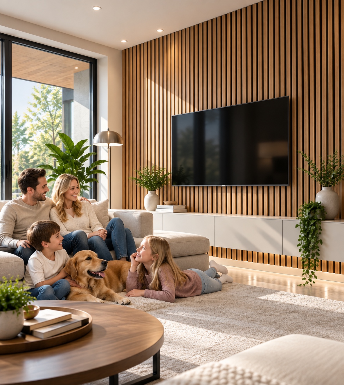 Family in living room with wood slat feature wall