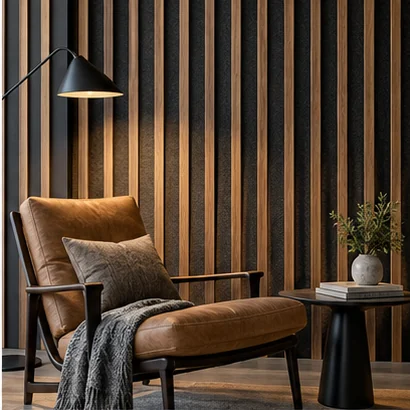 Illustrative Reading nook with wood slats over dark acoustic backing