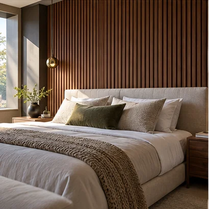 Illustrative bedroom with a walnut slat headboard wall