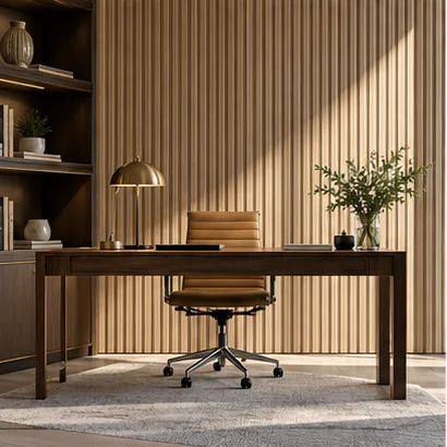 Illustrative Home office with a light fluted accent wall