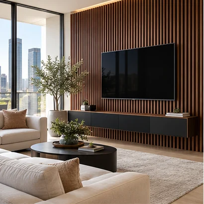 Illustrative living room with a walnut slat TV feature wall