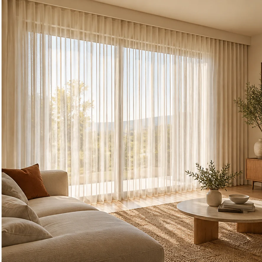 Illustrative soft vertical curtains across a wide window