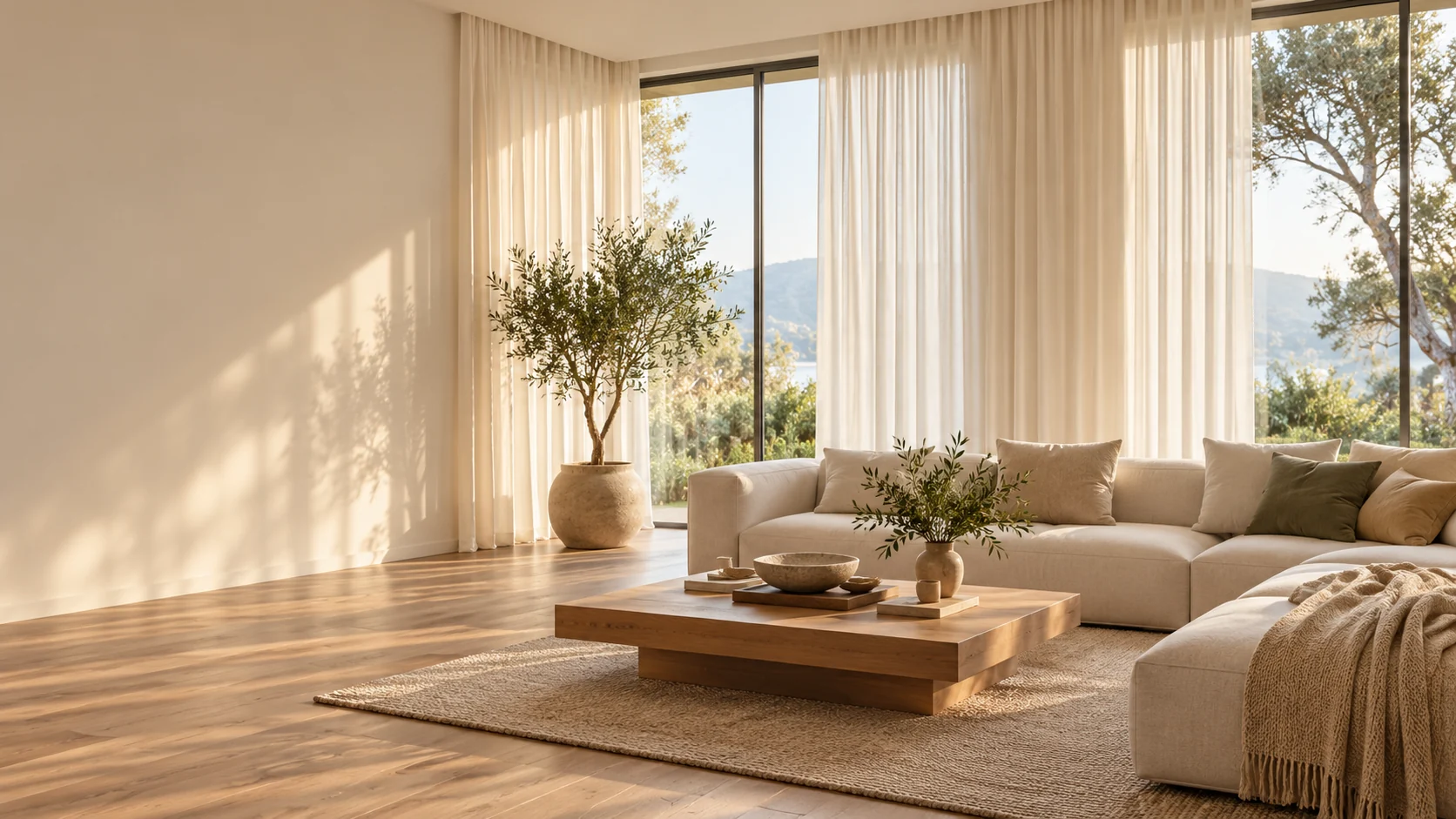 Illustrative living room with floor-to-ceiling vertical curtains