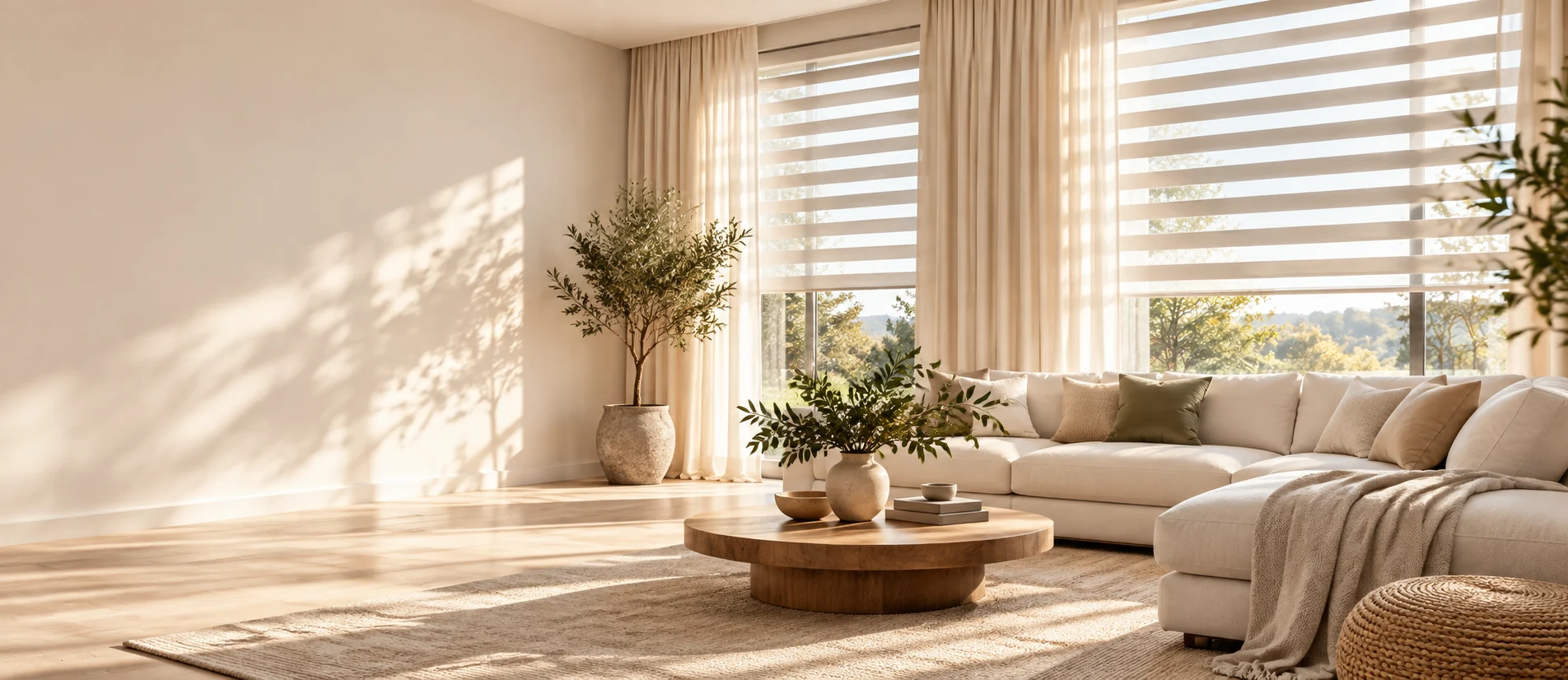 Illustrative living room with zebra blinds and curtains